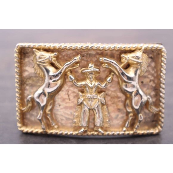 Western Cowboy Rodeo Horse Belt Buckle Rope Border Gold Tone Cowboy Rodeo Vtg - Picture 2 of 11